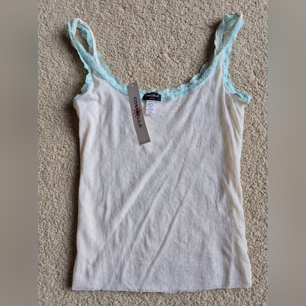 NWT Vintage Cosabella Cream/Light Blue Polka Dot Print Celine Camisole Size S